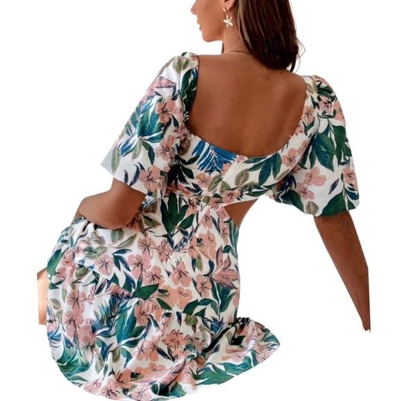Boho Floral Cut Out Asymmetrical Neckline Lantern Sleeve Dress Size Large - Picture 3 of 8